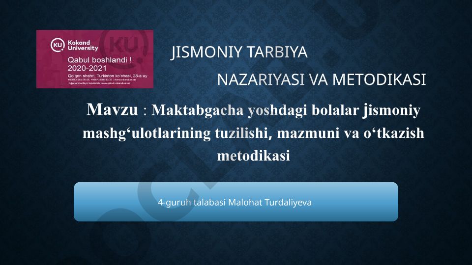 Maktabgacha yoshdagi bolalar jismoniy mashg‘ulotlarining tuzilishi, mazmuni va o‘tkazish metodikasi
