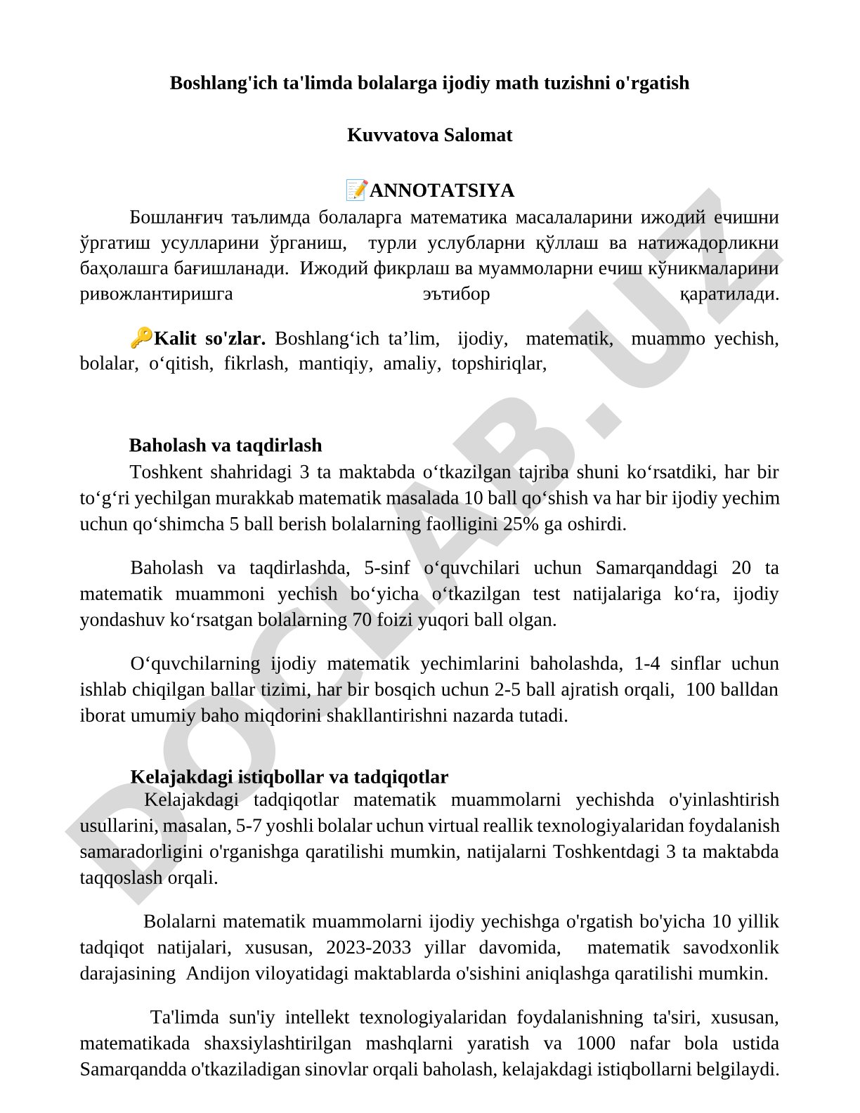 Boshlang'ich ta'limda bolalarga ijodiy matematik masalalar yechishni o'rgatish