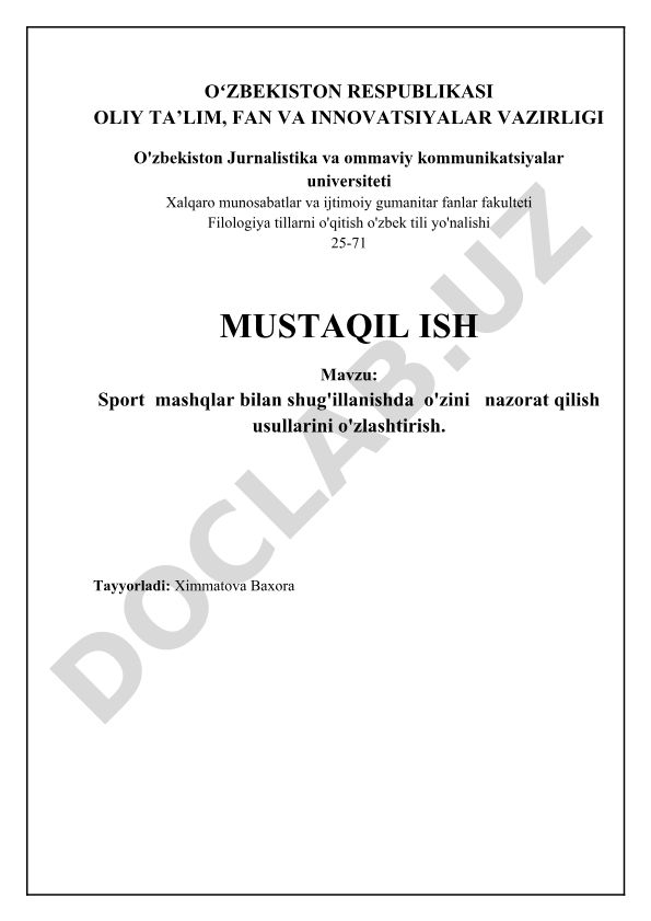 Sport mashqlar bilan shug'illanishda o'zini nazorat qilish usullarini o'zlashtirish