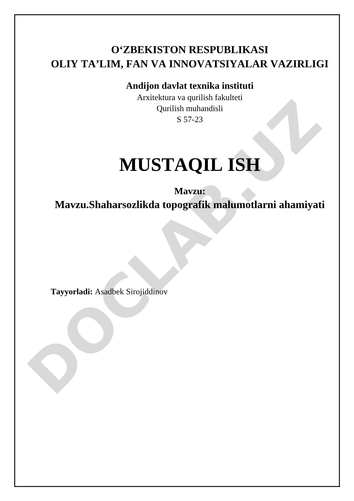 Shaharsozlikda topografik malumotlarni ahamiyati