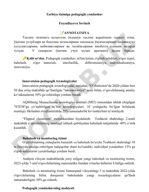 Ta'lim tizimiga pedagogik yondashuv va innovatsion texnologiyalar