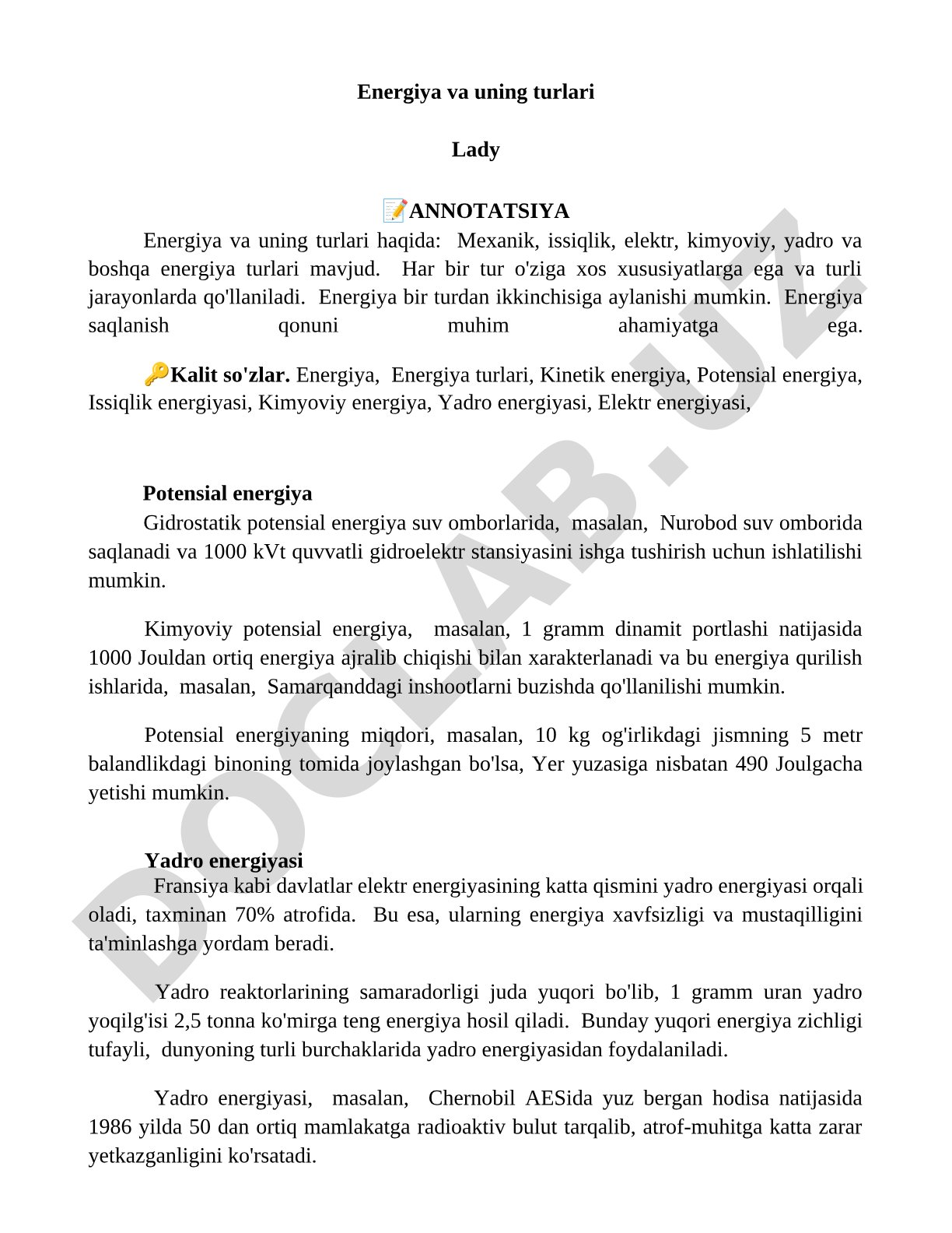 Energiya va uning turlari