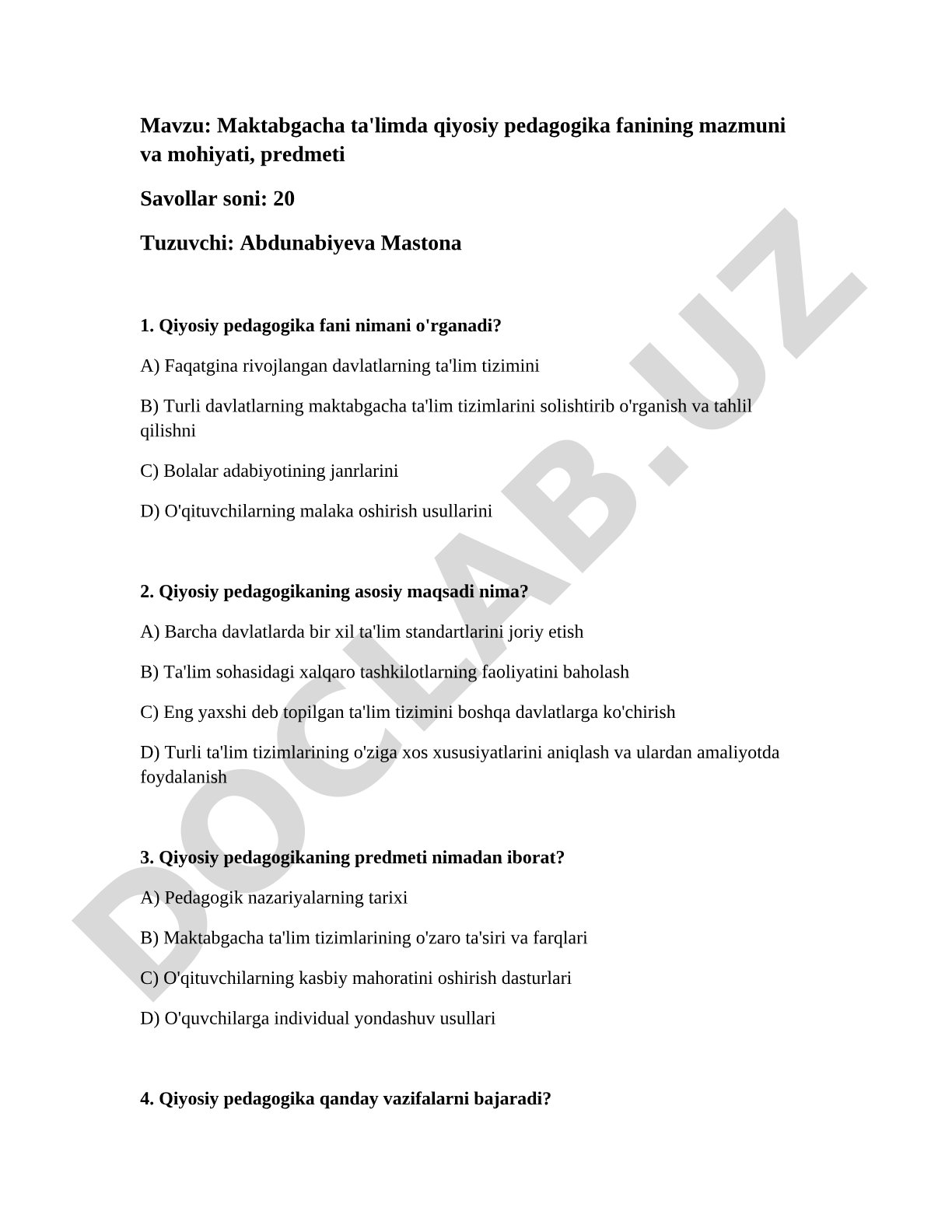 Maktabgacha ta'limda qiyosiy pedagogika fanining mazmuni va mohiyati, predmeti
