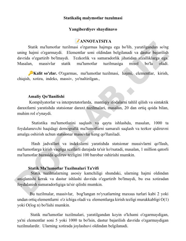 Statik ma'lumotlar tuzilmalari: xususiyatlari va amaliy qo'llanilishi