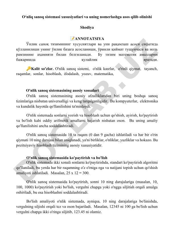 Oʻnliq sanoq sistemasi xususiyatlari va uning nomerlashga asos qilib olinishi