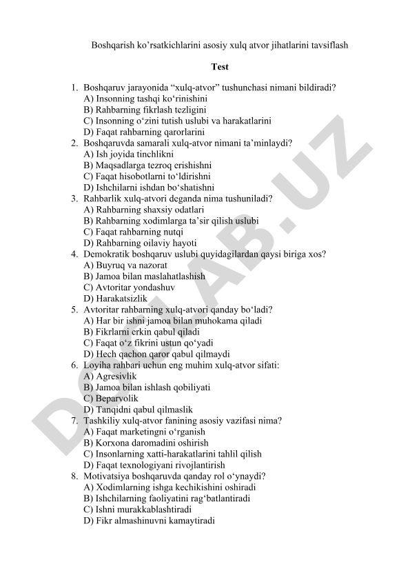 Boshqarish ko'rsatkichlari va xulq-atvor jihatlari testi