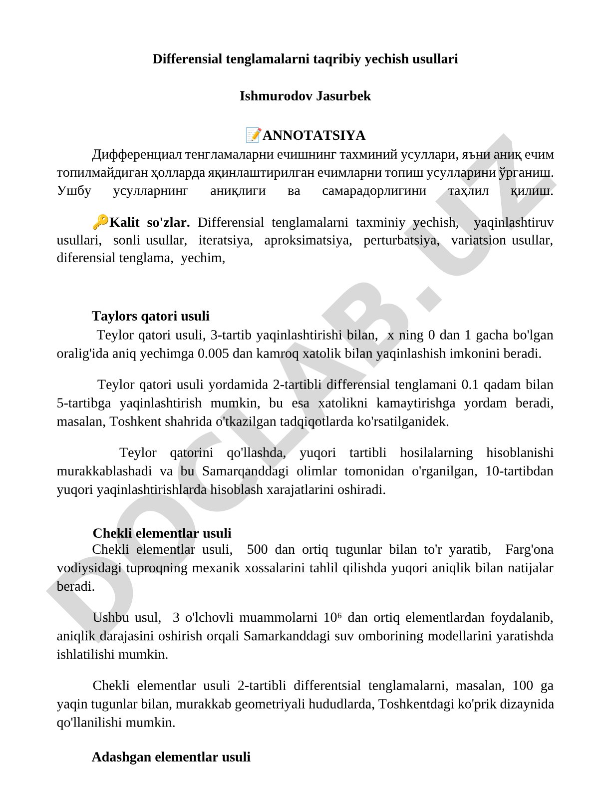 Differensial tenglamalarni taqribiy yechish usullari