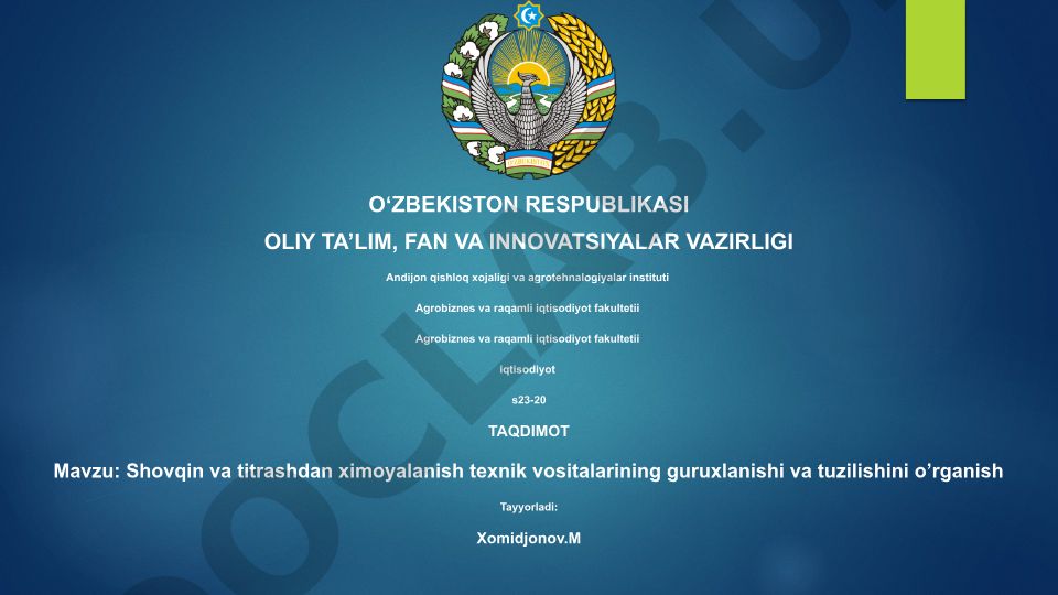 Shovqin va titrashdan ximoyalanish texnik vositalarining guruxlanishi va tuzilishini o’rganish