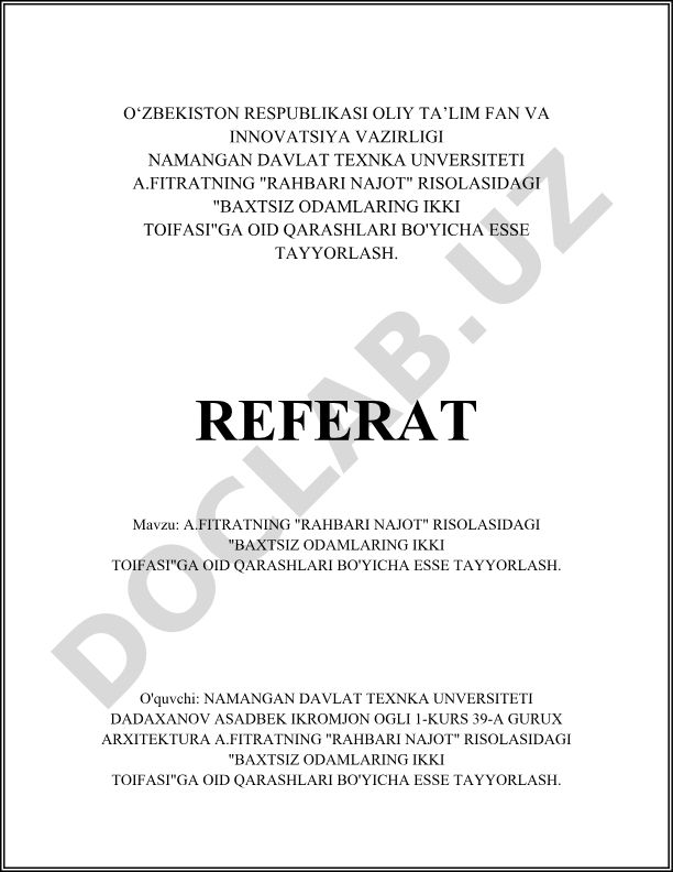 A.Fitratning "Rahbari Najot" risolasidagi "Baxtsiz odamlarning ikki toifasi"ga oid qarashlari