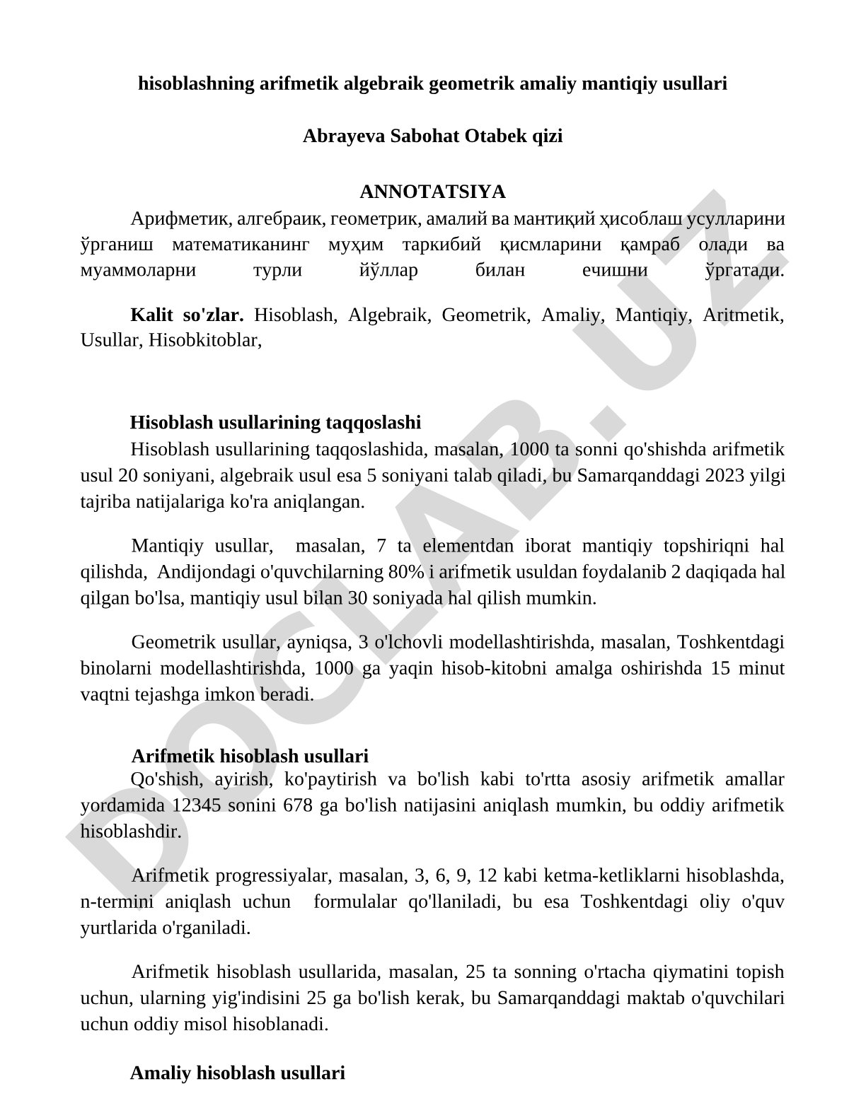 Hisoblashning arifmetik, algebraik, geometrik, amaliy va mantiqiy usullari