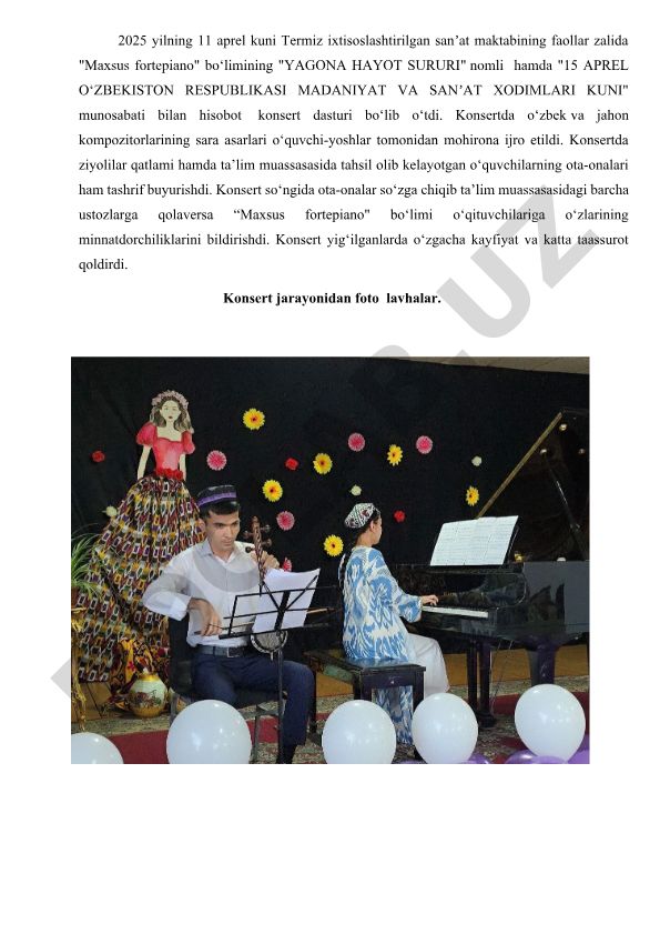 Termiz sanʼat maktabida 15 aprel munosabati bilan konsert dasturi
