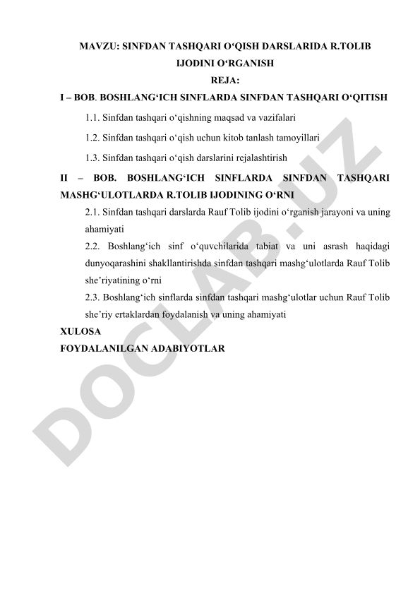 Sinfdan tashqari o'qish darslarida R.Tolib ijodini o'rganish