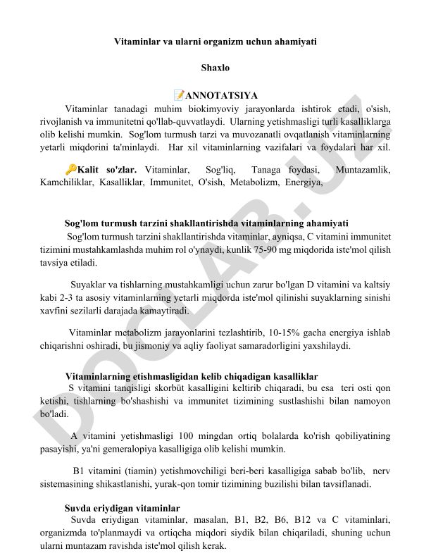 Vitaminlar va ularni organizm uchun ahamiyati