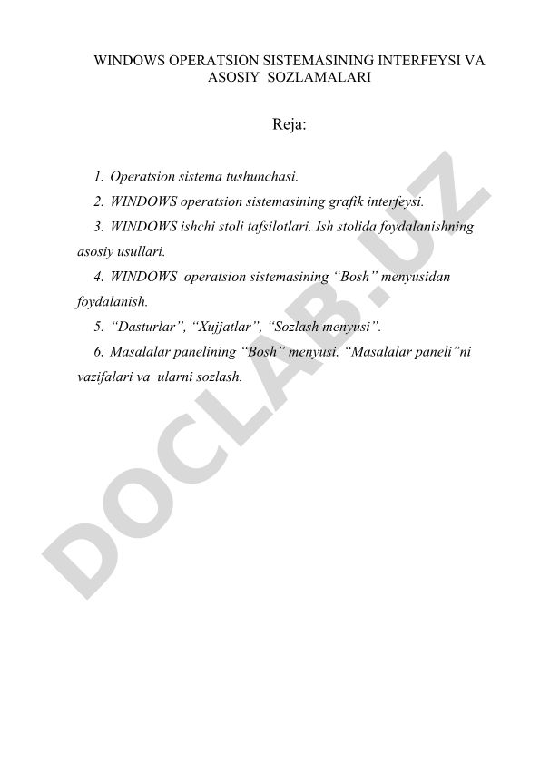Windows operatsion sistemasining interfeysi va asosiy sozlamalari