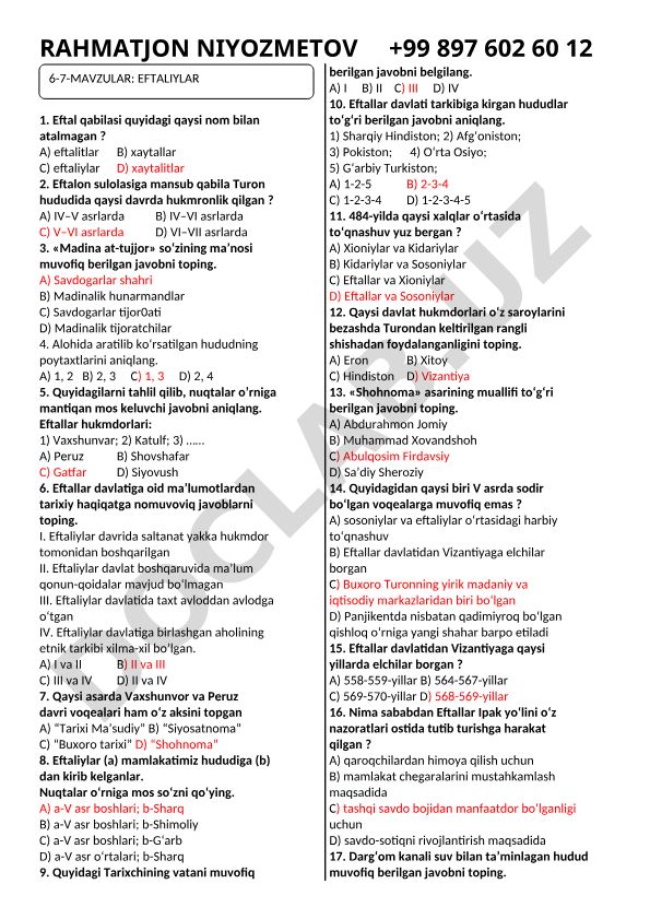 Eftaliylar tarixi test savollari