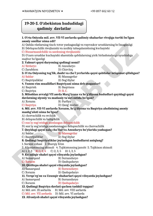 O‘zbekiston hududidagi qadimiy davlatlar tarixi test savollari