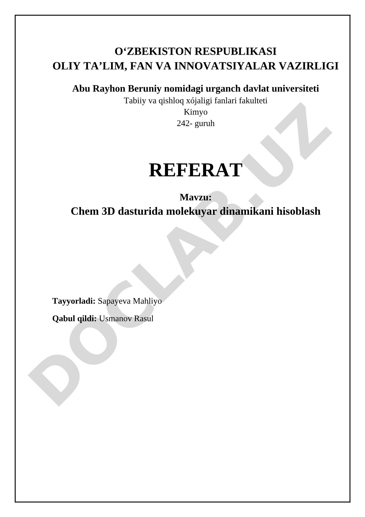 Chem 3D dasturida molekuyar dinamikani hisoblash