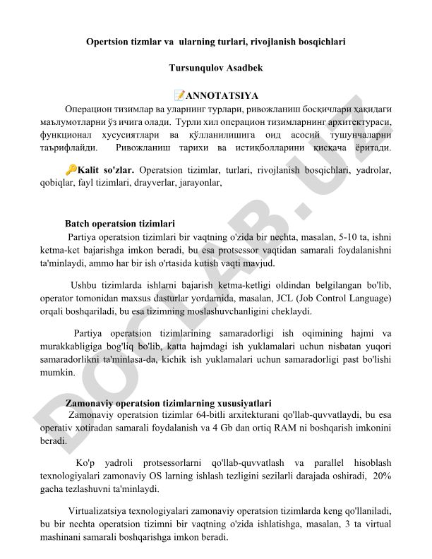 Operatsion tizimlar va ularning turlari, rivojlanish bosqichlari