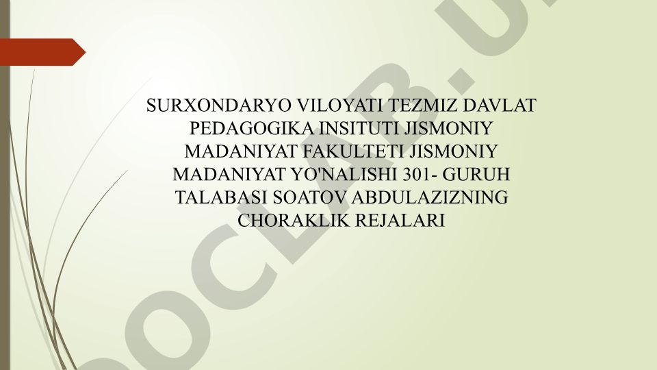 Jismoniy madaniyat yo'nalishi choraklik rejalari