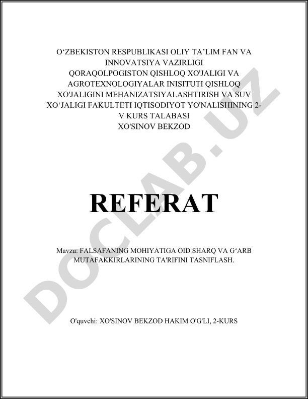 Falsafaning mohiyatiga oid Sharq va Gʻarb mutafakkirlarining ta'rifini tasniflash