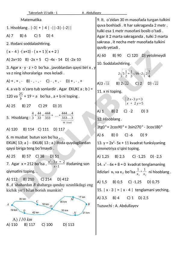 Matematika test savollari to'plami