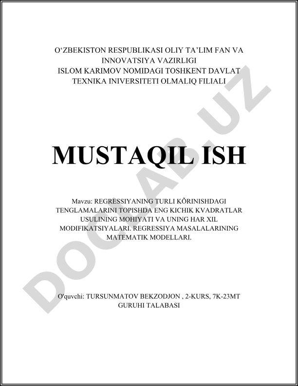 Regressiyaning turli ko'rinishdagi tenglamalarini topishda eng kichik kvadratlar usulining mohiyati va uning har xil modifikatsiyalari