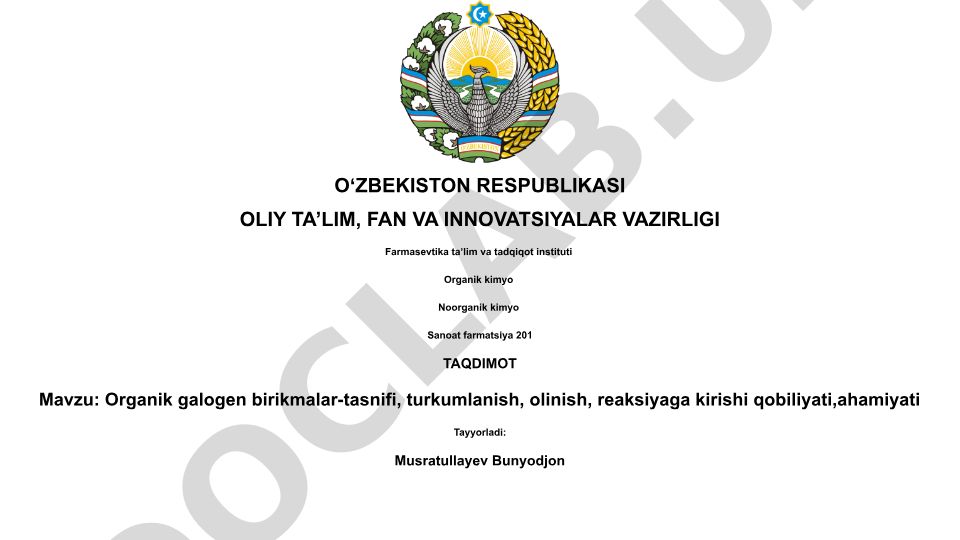 Organik galogen birikmalar: tasnifi, turkumlanish, olinish, reaksiyaga kirishi qobiliyati, ahamiyati