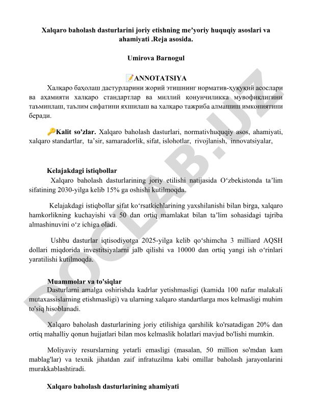 Xalqaro baholash dasturlarini joriy etishning meʼyoriy huquqiy asoslari va ahamiyati