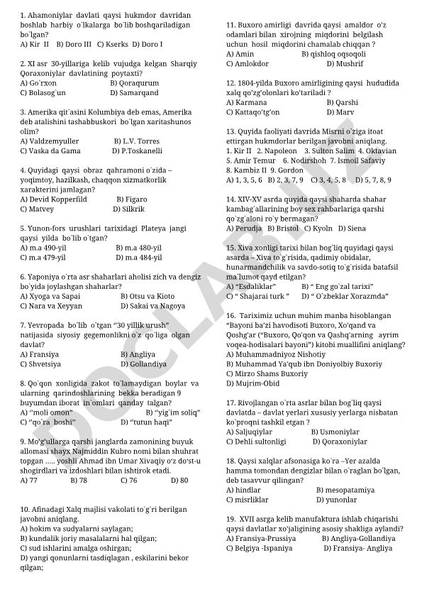 Tarix va adabiyot fanlaridan test savollari