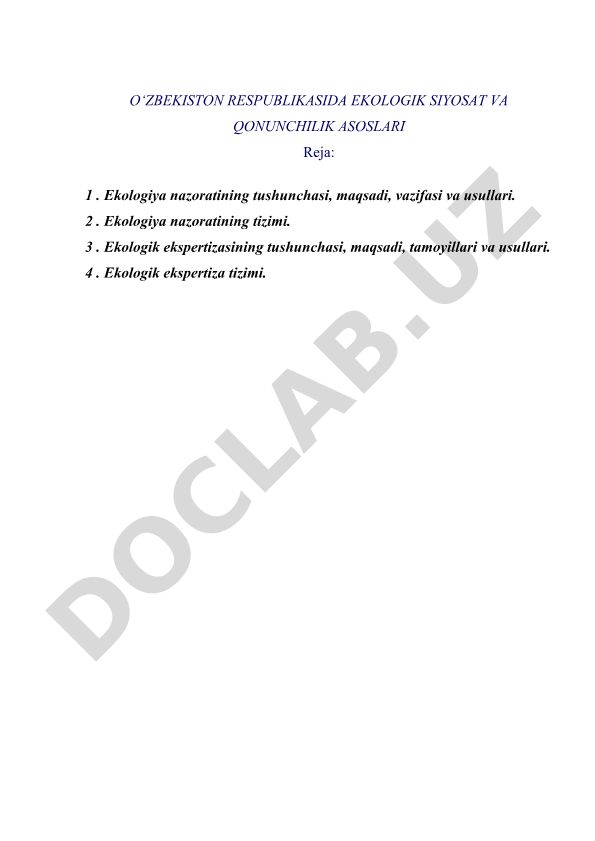 O‘zbekiston Respublikasida ekologik siyosat va qonunchilik asoslari