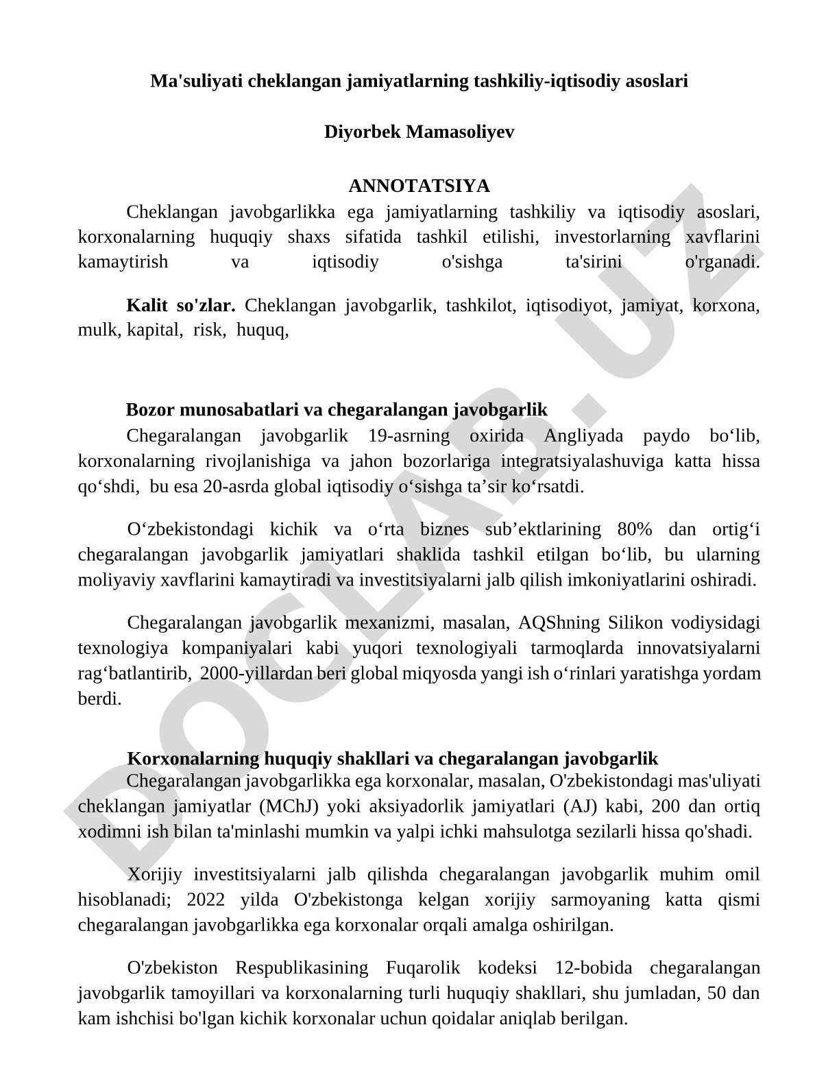 Ma'suliyati cheklangan jamiyatlarning tashkiliy-iqtisodiy asoslari