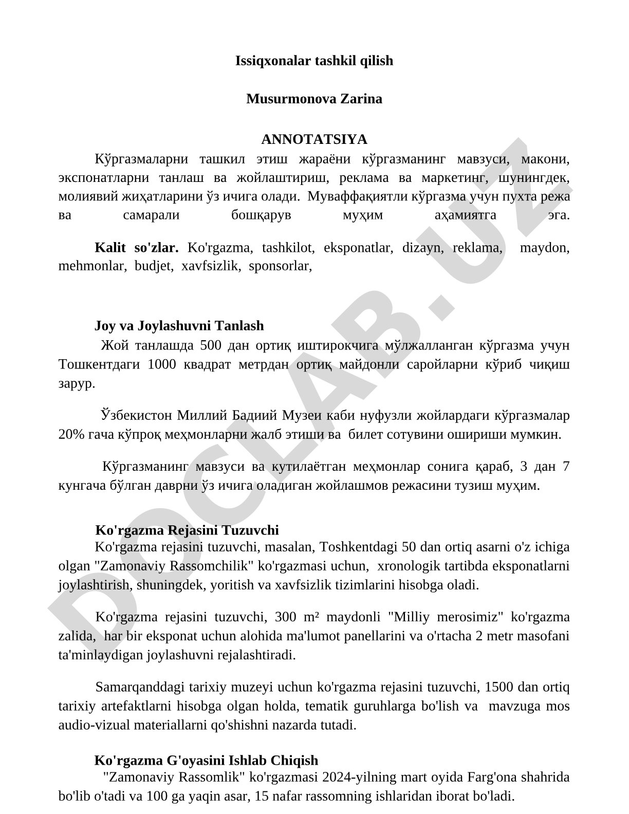 Ko'rgazma tashkil etishning asosiy bosqichlari