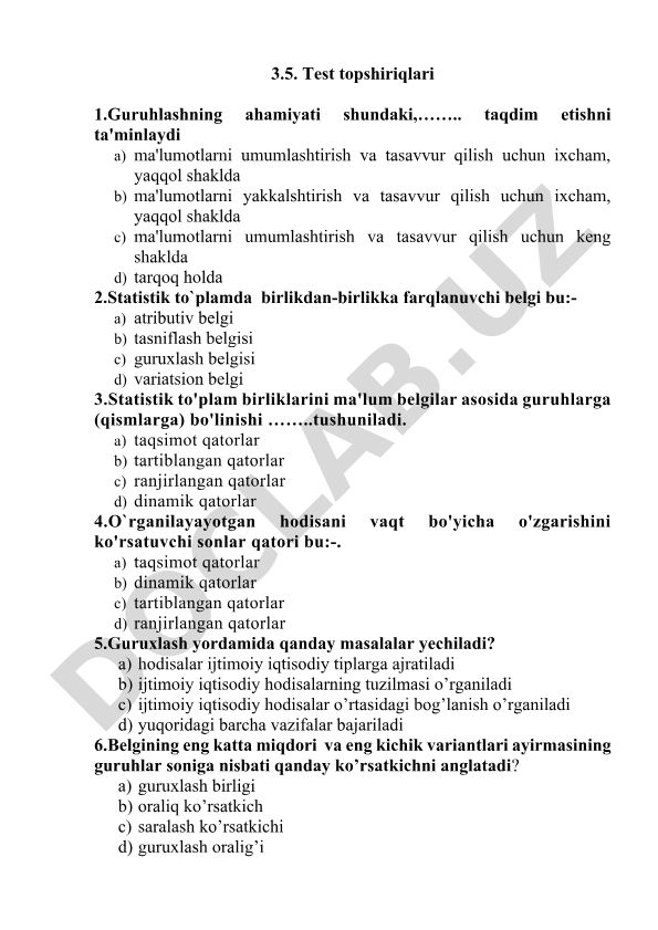 Statistik guruhlash va taqsimot qatorlari test topshiriqlari