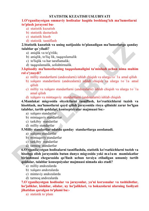 Statistik kuzatish uslubiyati test savollari