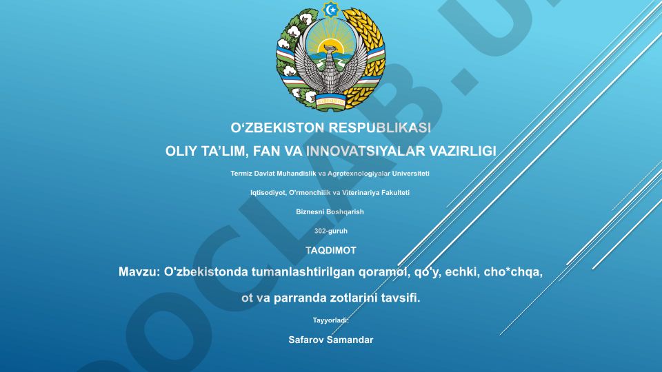 O'zbekistonda tumanlashtirilgan qoramol, qo'y, echki, cho'chqa, ot va parranda zotlarini tavsifi