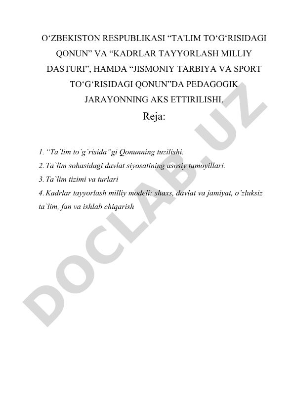 O'zbekistonda ta'lim qonunlari va kadrlar tayyorlash milliy dasturi