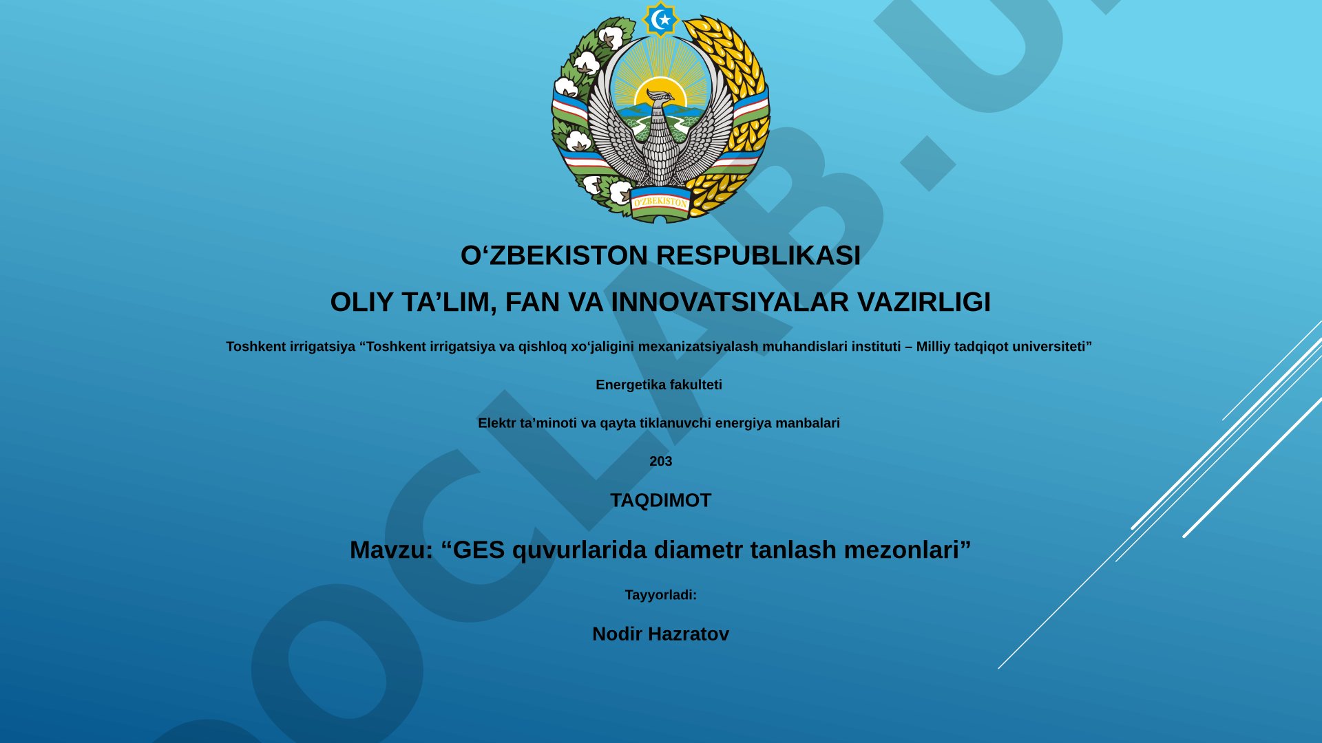 GES quvurlarida diametr tanlash mezonlari