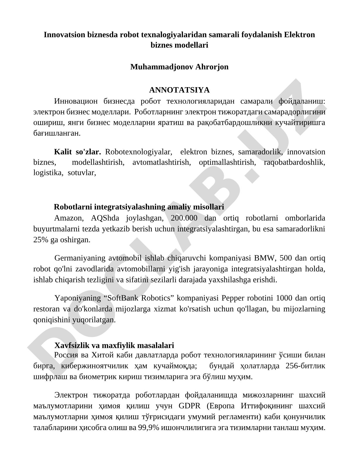 Innovatsion biznesda robot texnologiyalaridan samarali foydalanish: elektron biznes modellari