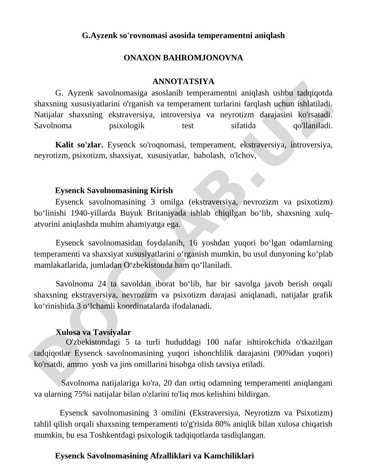 G.Ayzenk so'rovnomasi asosida temperamentni aniqlash