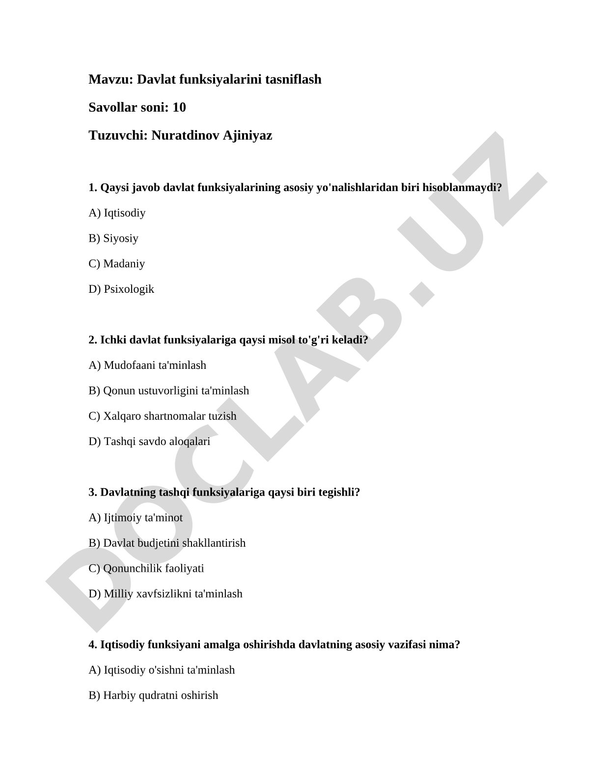 Davlat funksiyalarini tasniflash