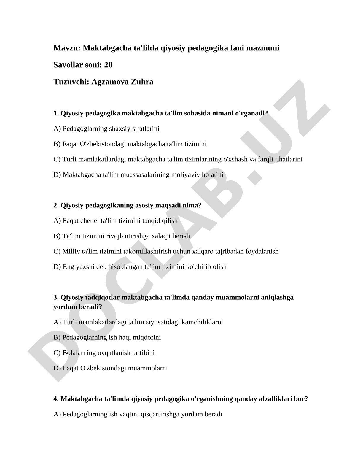 Maktabgacha ta'lilda qiyosiy pedagogika fani mazmuni