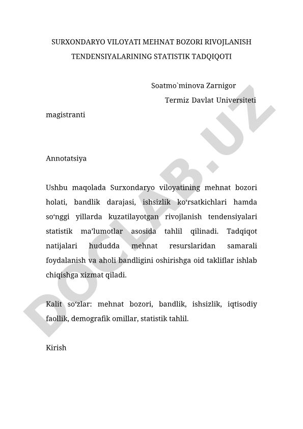 Surxondaryo viloyati mehnat bozori rivojlanish tendensiyalarining statistik tadqiqoti