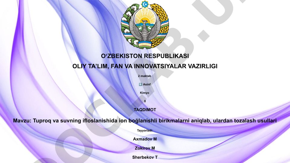 Tuproq va suvning ifloslanishida ion boğlanishli birikmalarni aniqlab, ulardan tozalash usullari