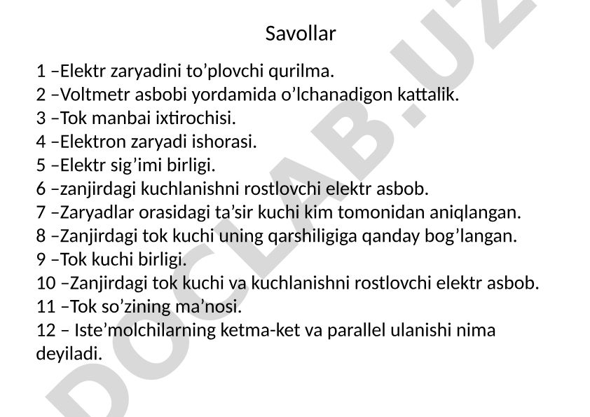 Elektrodinamika bo'yicha test savollari va javoblari