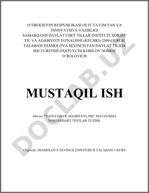 Yangi davr adabiyotlari mavzusida nostandart testlar tuzish