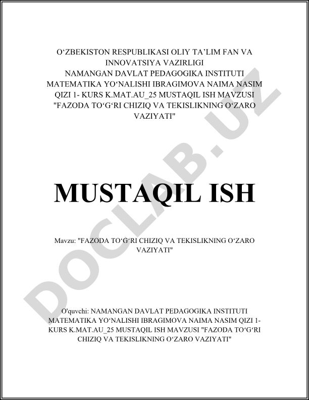 Fazoda toʻgʻri chiziq va tekislikning oʻzaro vaziyati