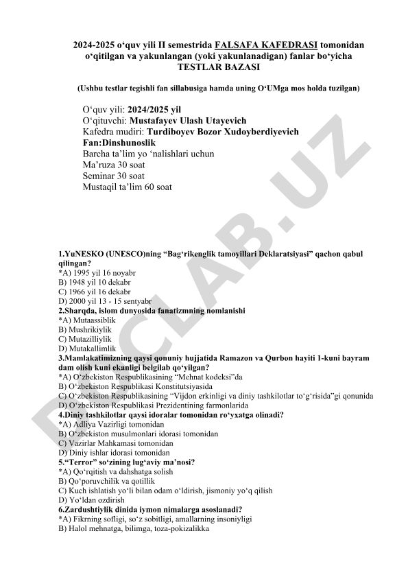 Dinshunoslik fanidan testlar bazasi