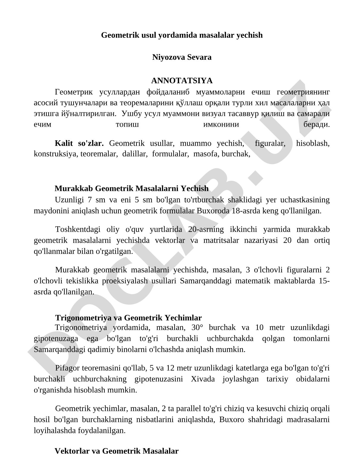 Geometrik usul yordamida masalalar yechish