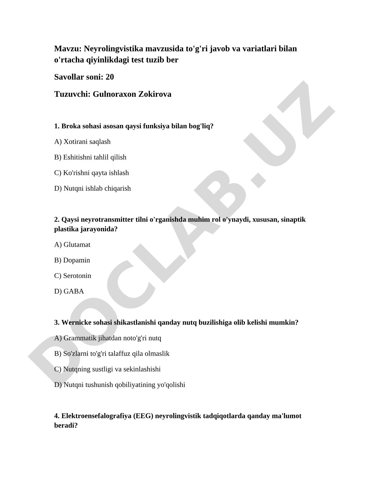 Neyrolingvistika mavzusida test