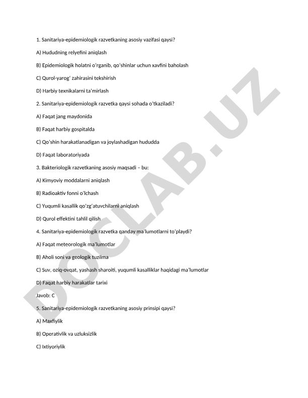 Sanitariya-epidemiologik va bakteriologik razvetka test savollari